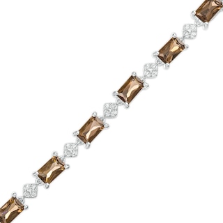 Emerald-Cut Smoky Quartz and White Lab-Created Sapphire Kite Frame Alternating Line Bracelet in Sterling Silver – 7.25"