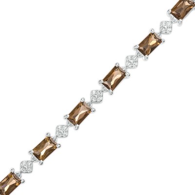 Emerald-Cut Smoky Quartz and White Lab-Created Sapphire Kite Frame Alternating Line Bracelet in Sterling Silver – 7.25"