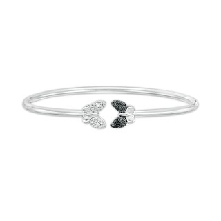 0.04 CT. T.W. Black and White Diamond Double Butterfly Open Bangle in Sterling Silver - 7.75"