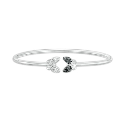 0.04 CT. T.W. Black and White Diamond Double Butterfly Open Bangle in Sterling Silver - 7.75"