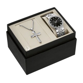 Men's Bulova Crystal Accent Watch with Black Dial and Cross Pendant Box Set (Model: 96K110)