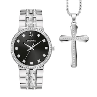 Men's Bulova Crystal Accent Watch with Black Dial and Cross Pendant Box Set (Model: 96K110)