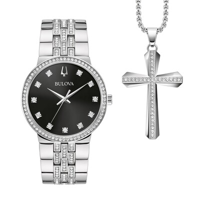 Men's Bulova Crystal Accent Watch with Black Dial and Cross Pendant Box Set (Model: 96K110)