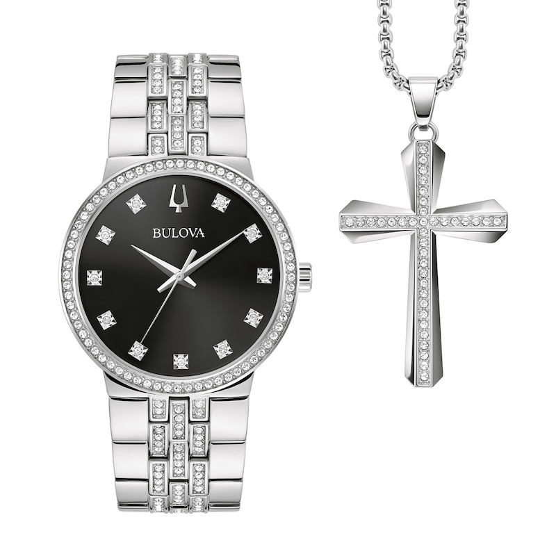Men's Bulova Crystal Accent Watch with Black Dial and Cross Pendant Box Set (Model: 96K110)|Peoples Jewellers