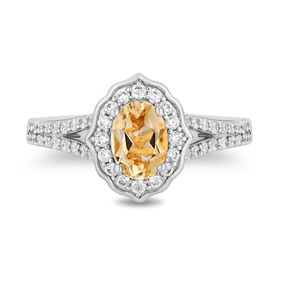 Enchanted Disney Belle Oval Citrine and 0.45 CT. T.W. Diamond Frame Split Shank Engagement Ring in 14K Two-Tone Gold