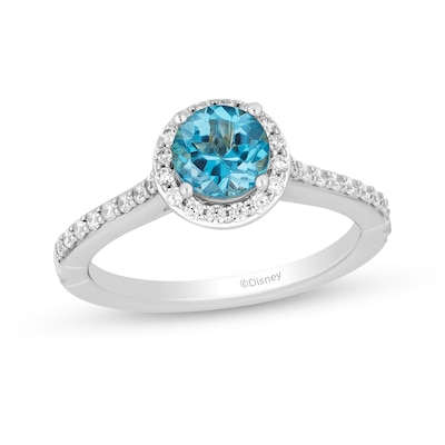 Enchanted Disney Jasmine 6.0mm Swiss Blue Topaz and 0.29 CT. T.W. Diamond Frame Engagement Ring in 14K White Gold