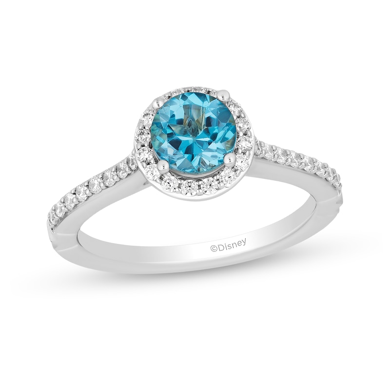 Enchanted Disney Jasmine 6.0mm Swiss Blue Topaz and 0.29 CT. T.W. Diamond Frame Engagement Ring in 14K White Gold|Peoples Jewellers