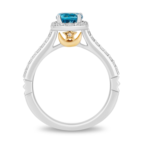 Enchanted Disney Jasmine 6.0mm Swiss Blue Topaz and 0.29 CT. T.W. Diamond Frame Engagement Ring in 14K White Gold