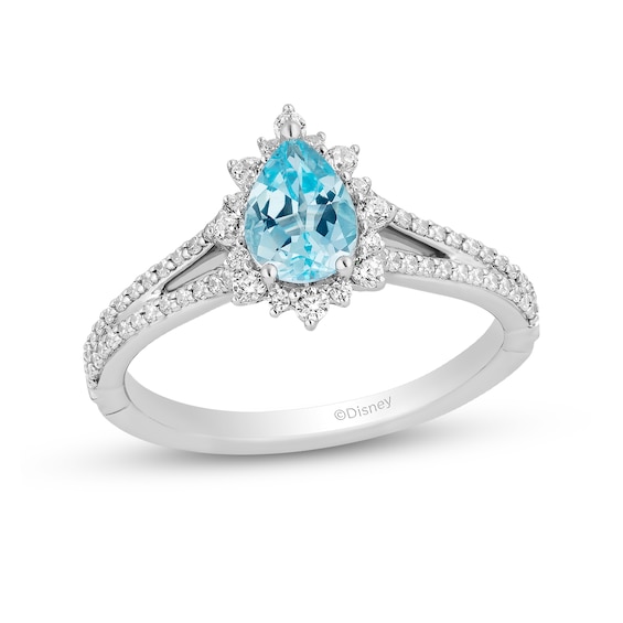 Enchanted Disney Elsa Pear-Shaped Sky Blue Topaz and 0.37 CT. T.W. Diamond Frame Engagement Ring in 14K White Gold