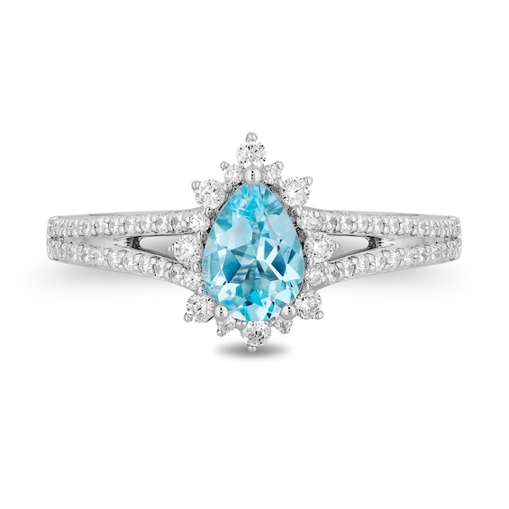 Enchanted Disney Elsa Pear-Shaped Sky Blue Topaz and 0.37 CT. T.W. Diamond Frame Engagement Ring in 14K White Gold