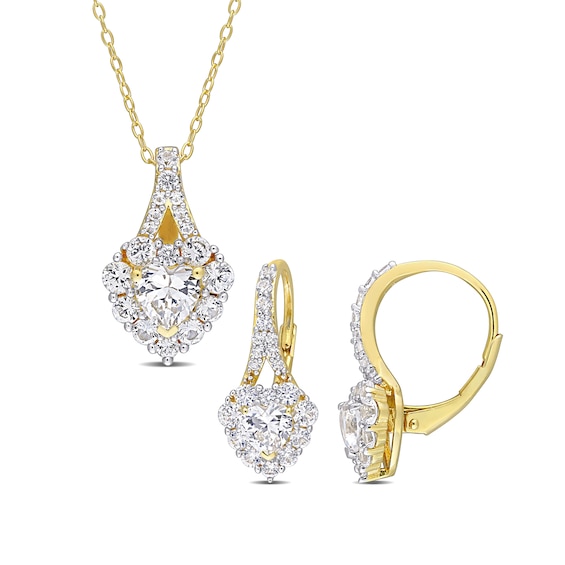 Heart-Shaped White Lab-Created Sapphire Frame Pendant and Drop Earrings Set in Sterling Silver with Yellow Rhodium