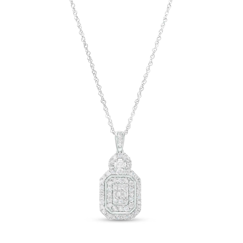 0.95 CT. T.W. Emerald-Shaped Multi-Diamond Double Frame Pendant in 10K White Gold|Peoples Jewellers