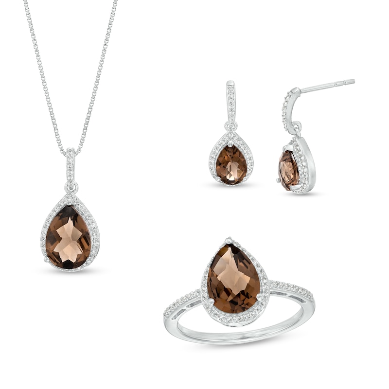 Pear-Shaped Smoky Quartz and White Lab-Created Sapphire Frame Pendant, Ring and Drop Earrings Set in Sterling Silver - Size 7|Peoples Jewellers