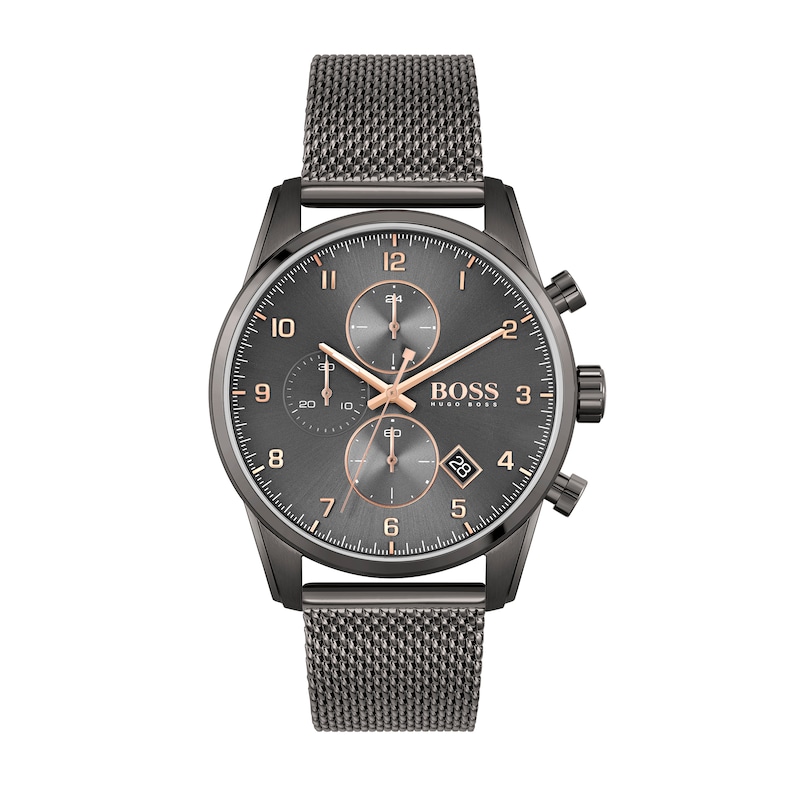 Men's Hugo Boss Skymaster Gunmetal Grey IP Chronograph Mesh Watch with Grey Dial (Model: 1513837)|Peoples Jewellers