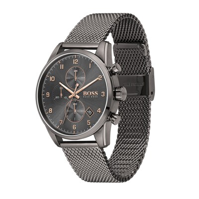 Men's Hugo Boss Skymaster Gunmetal Grey IP Chronograph Mesh Watch with Grey Dial (Model: 1513837)