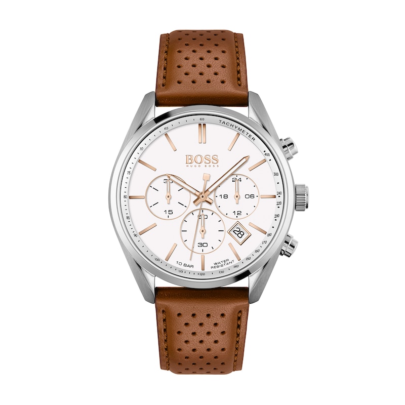 Men's Hugo Boss Champion Chronograph Brown Leather Strap Watch with White Dial (Model: 1513879)|Peoples Jewellers