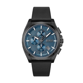 Men's Hugo Boss Grandmaster Black IP Chronograph Black Leather Strap Watch with Blue Dial (Model: 1513883)