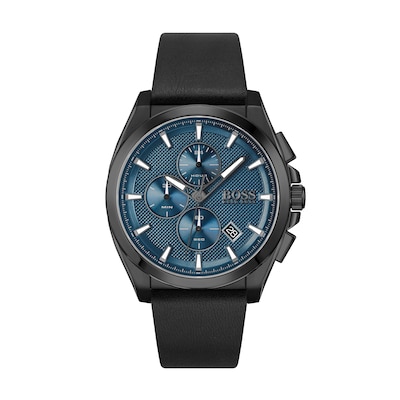 Men's Hugo Boss Grandmaster Black IP Chronograph Black Leather Strap Watch with Blue Dial (Model: 1513883)