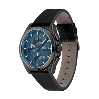 Men's Hugo Boss Grandmaster Black IP Chronograph Black Leather Strap Watch with Blue Dial (Model: 1513883)