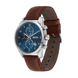 Men's Hugo Boss Skymaster Chronograph Brown Leather Strap Watch with Blue Dial (Model: 1513940)