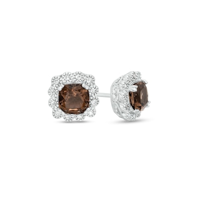 5.0mm Cushion-Cut Smoky Quartz and White Lab-Created Sapphire Scallop Frame Stud Earrings in Sterling Silver