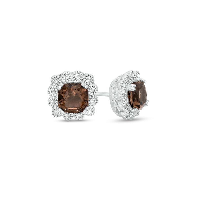 5.0mm Cushion-Cut Smoky Quartz and White Lab-Created Sapphire Scallop Frame Stud Earrings in Sterling Silver