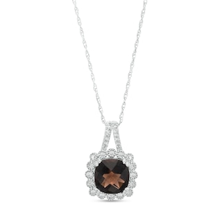 7.0mm Cushion-Cut Smoky Quartz and White Lab-Created Sapphire Scallop Frame Split Bail Pendant in Sterling Silver