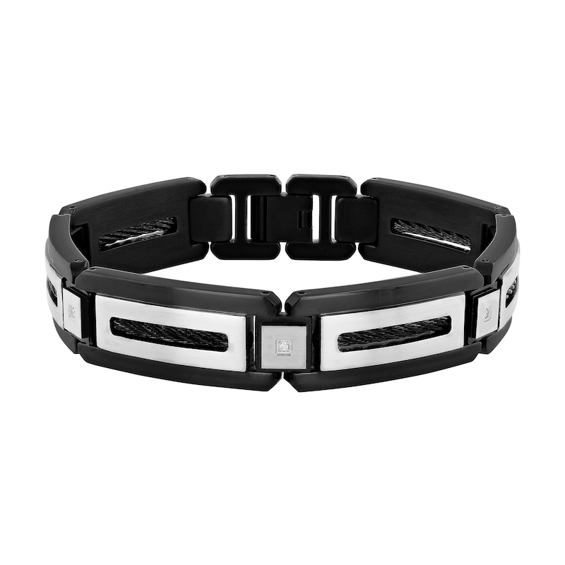Men's 0.04 CT. T.W. Diamond Rectangular Link Bracelet in Stainless Steel and Black Ion Plate - 8.75"|Peoples Jewellers