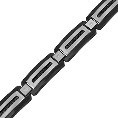 Men's 0.04 CT. T.W. Diamond Rectangular Link Bracelet in Stainless Steel and Black Ion Plate - 8.75"