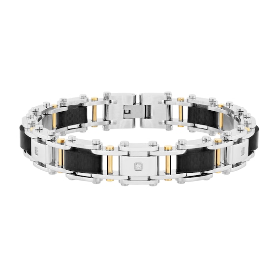 Men's Carbon Fibre Bike Chain Link Bracelet in Stainless Steel and Yellow Ion Plate - 8.75"