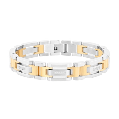 Men's 0.147 CT. T.W. Diamond Link Bracelet in Stainless Steel and Yellow Ion Plate - 8.5"