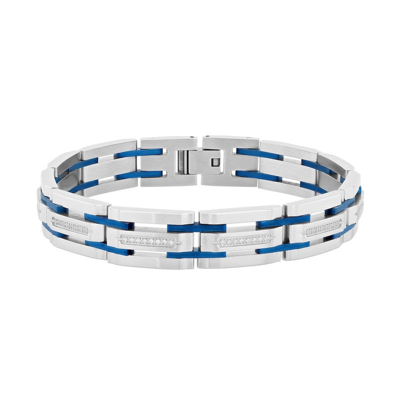 Men's 0.31 CT. T.W. Diamond Link Bracelet in Stainless Steel and Blue Ion Plate - 8.5"