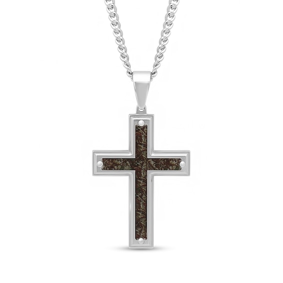 Men's Camouflage Carbon Fibre Inlay Cross Pendant in Stainless Steel - 24"