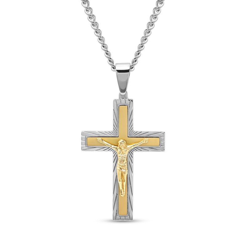Men's Multi-Finish Crucifix Cross Pendant in Stainless Steel and Yellow Ion Plate - 24"|Peoples Jewellers