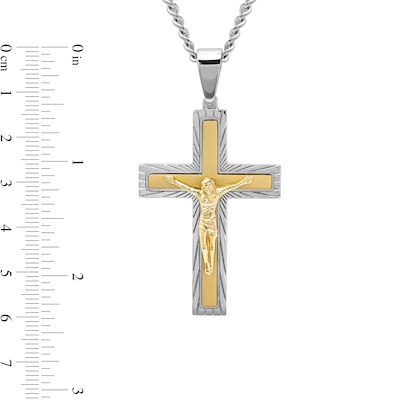 Men's Multi-Finish Crucifix Cross Pendant in Stainless Steel and Yellow Ion Plate - 24"