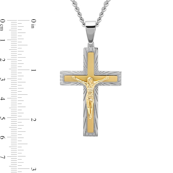 Men's Multi-Finish Crucifix Cross Pendant in Stainless Steel and Yellow Ion Plate - 24"