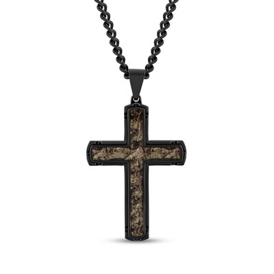 Men's Camouflage Carbon Fiber Cross Pendant in Stainless Steel with Black Ion Plate - 24"