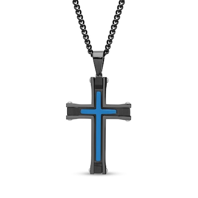 Men's Inlay Cross Pendant in Stainless Steel with Black and Blue Ion Plate - 24"