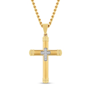 Men's 0.04 CT. T.W. Diamond Mini Cross Inlay Pendant in Stainless Steel Ion Plate