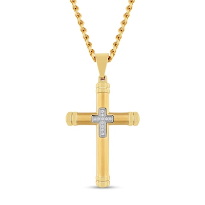 Men's 0.04 CT. T.W. Diamond Mini Cross Inlay Pendant in Stainless Steel Ion Plate