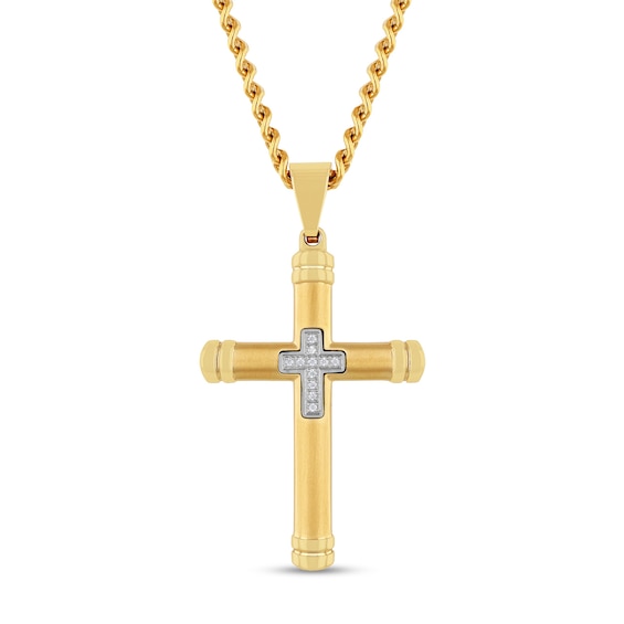 Men's 0.04 CT. T.W. Diamond Mini Cross Inlay Pendant in Stainless Steel Ion Plate