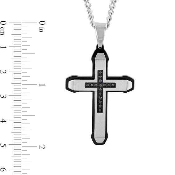 Men's 0.15 CT. T.W. Black Diamond Mini-Cross Inlay Outline Pendant in Stainless Steel and Black Ion Plate - 24"