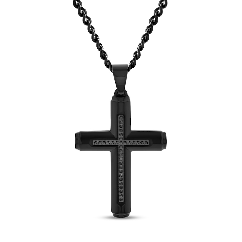 Men's 0.15 CT. T.W. Black Diamond Cross Pendant in Stainless Steel with Black Ion Plate - 24"|Peoples Jewellers