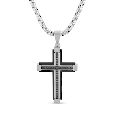 Men's 0.15 CT. T.W. Black Diamond Cross Pendant in Stainless Steel and Black Ion Plate - 24"