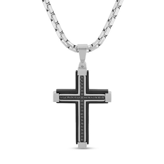 Men's 0.15 CT. T.W. Black Diamond Cross Pendant in Stainless Steel and Black Ion Plate - 24"