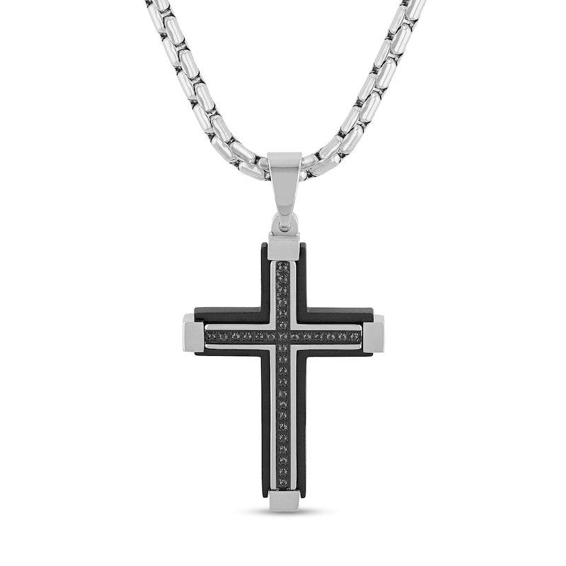Men's 0.15 CT. T.W. Black Diamond Cross Pendant in Stainless Steel and Black Ion Plate - 24"|Peoples Jewellers
