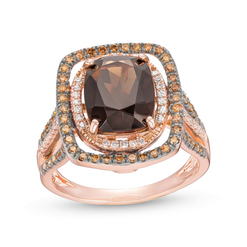 Cushion-Cut Smoky Quartz and 0.40 CT. T.W. Champagne and White Diamond Double Frame Triple Row Ring in 10K Two-Tone Gold|Peoples Jewellers