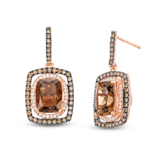 Cushion-Cut Smoky Quartz and 0.50 CT. T.W. Champagne and White Diamond Double Frame Drop Earrings in 10K Rose Gold