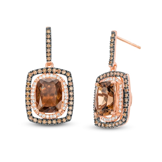 Cushion-Cut Smoky Quartz and 0.50 CT. T.W. Champagne and White Diamond Double Frame Drop Earrings in 10K Rose Gold