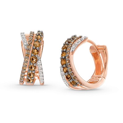 Smoky Quartz and 0.23 CT. T.W. Champagne and White Diamond Triple Row Crossover Hoop Earrings in 10K Two-Tone Gold